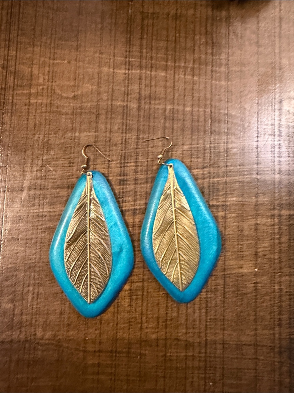 Gold Leaf Teardrop Earrings with Turquoise Frame